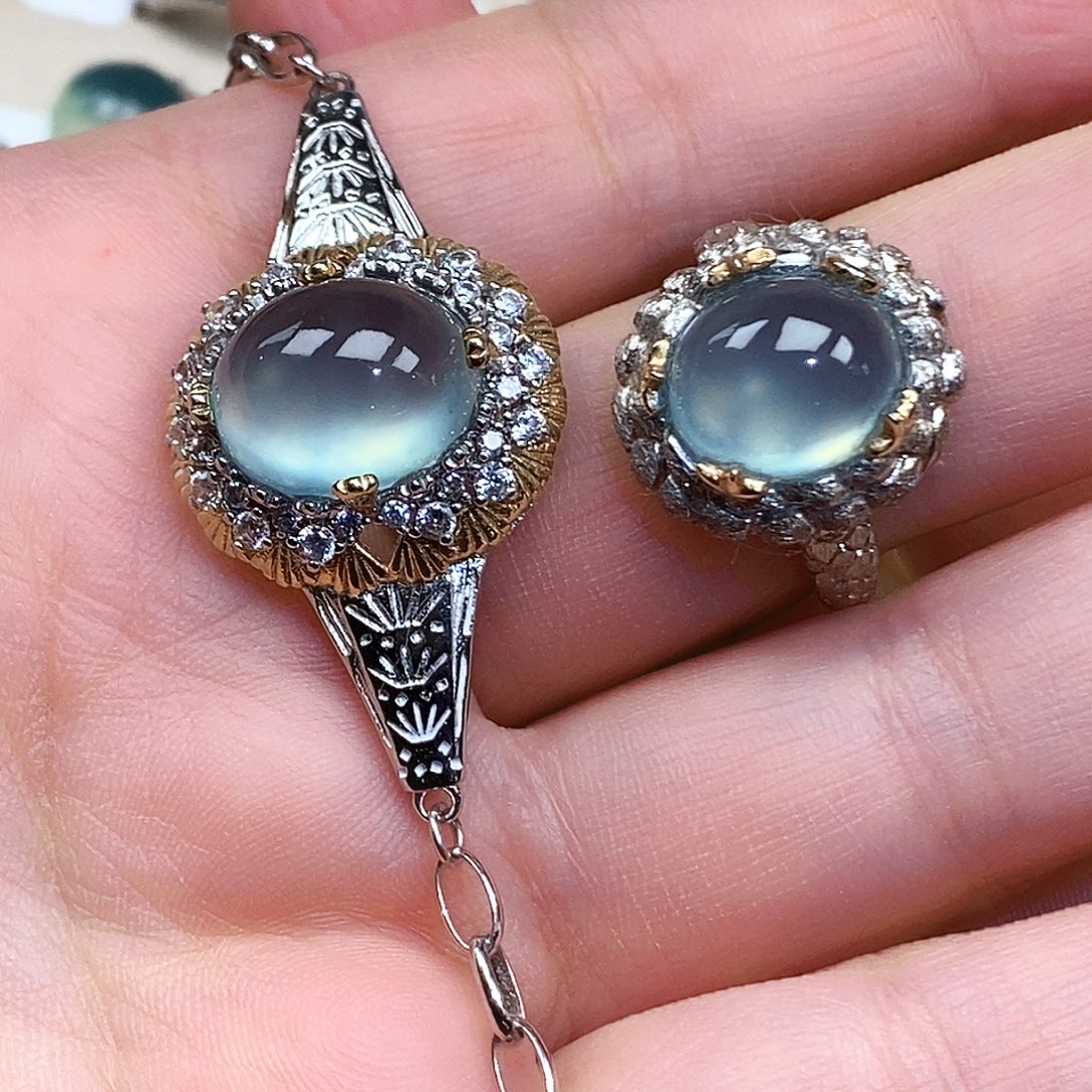 苍***学蛇纹石玉银S925镶嵌戒指手链