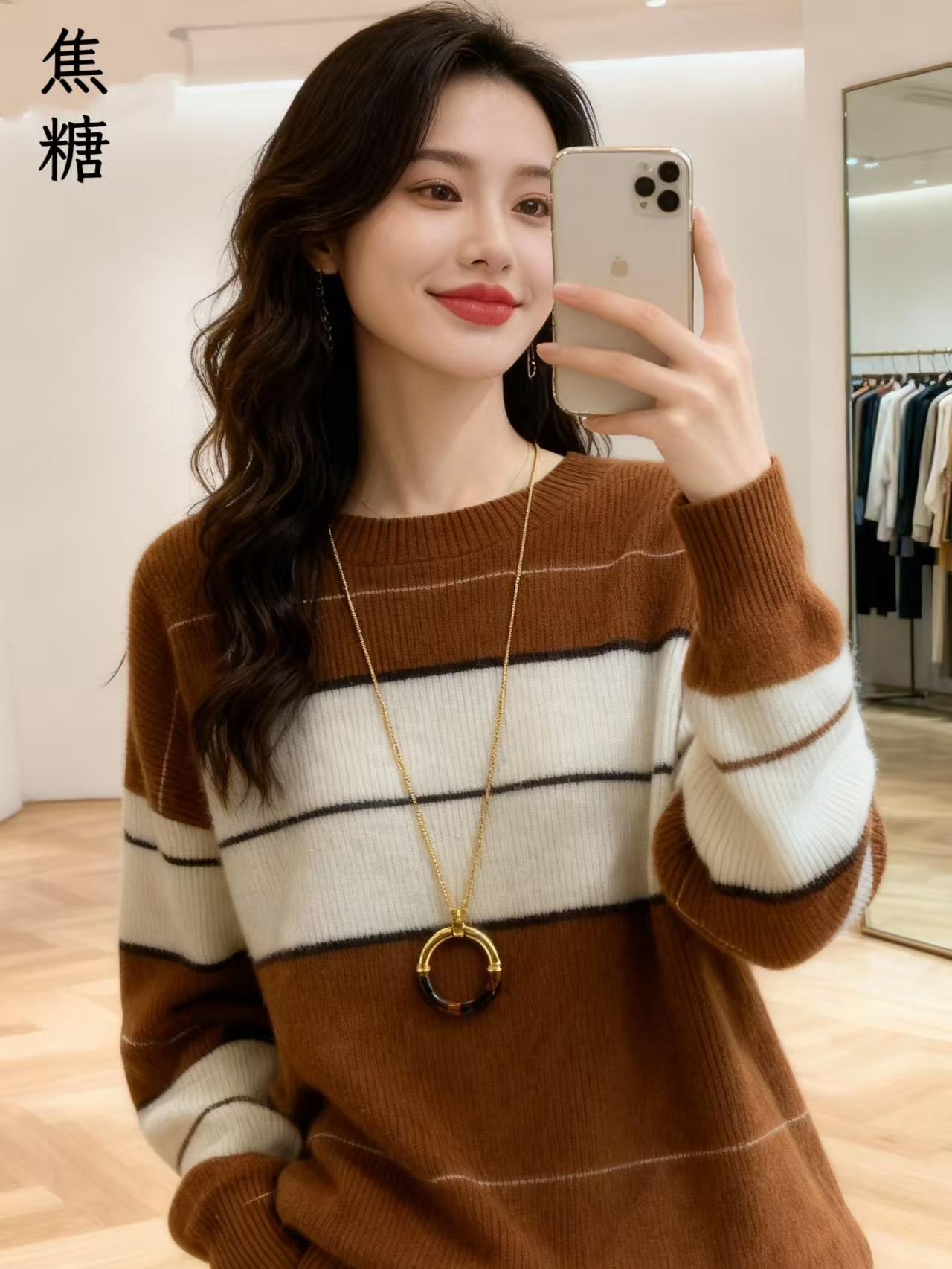 ZM158 100%纯羊毛加厚法式撞色条纹宽松毛衣2025秋冬百搭针织衫