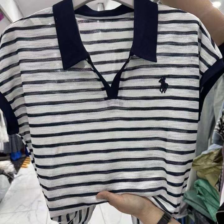 简约新款polo衫条纹短袖女上衣短袖t恤