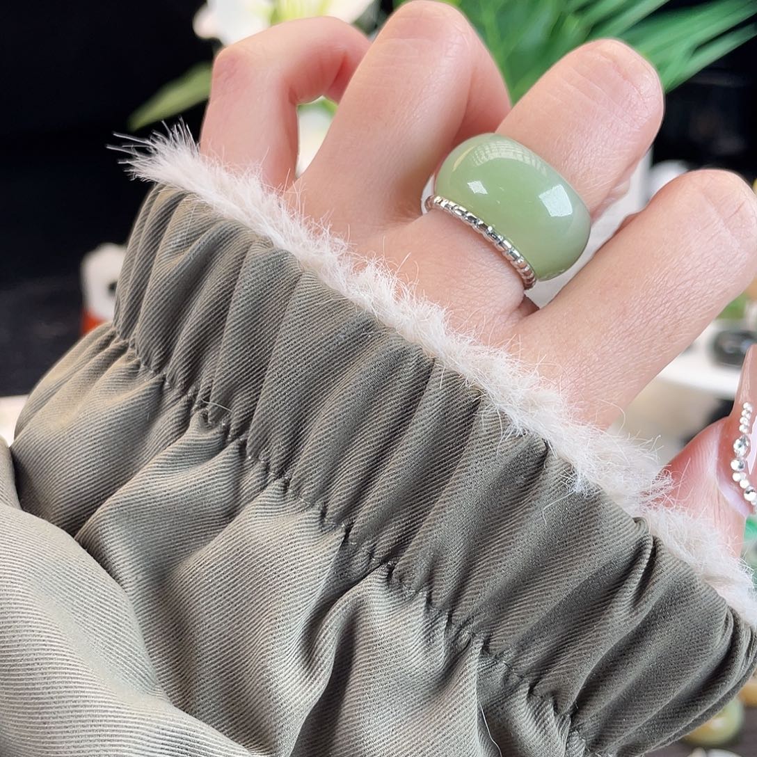 和田玉未镶嵌戒指E97翠青墩墩17.7带24h