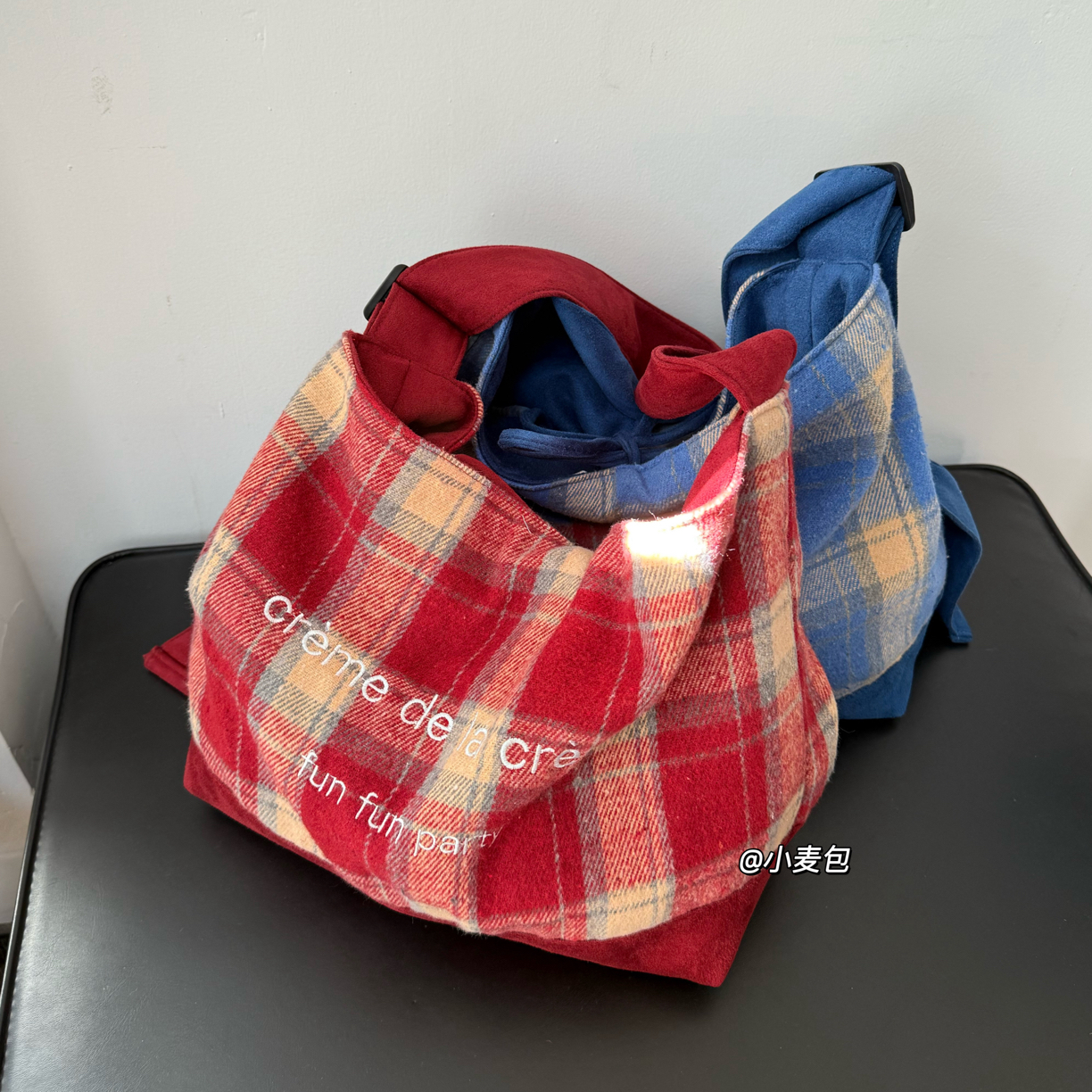 秋冬格纹时尚毛呢包 麂皮绒复古拼接托特包 ins风单肩斜挎通勤包