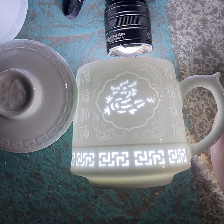 摆件陶绿稀土玲珑雕刻龙纹办公杯