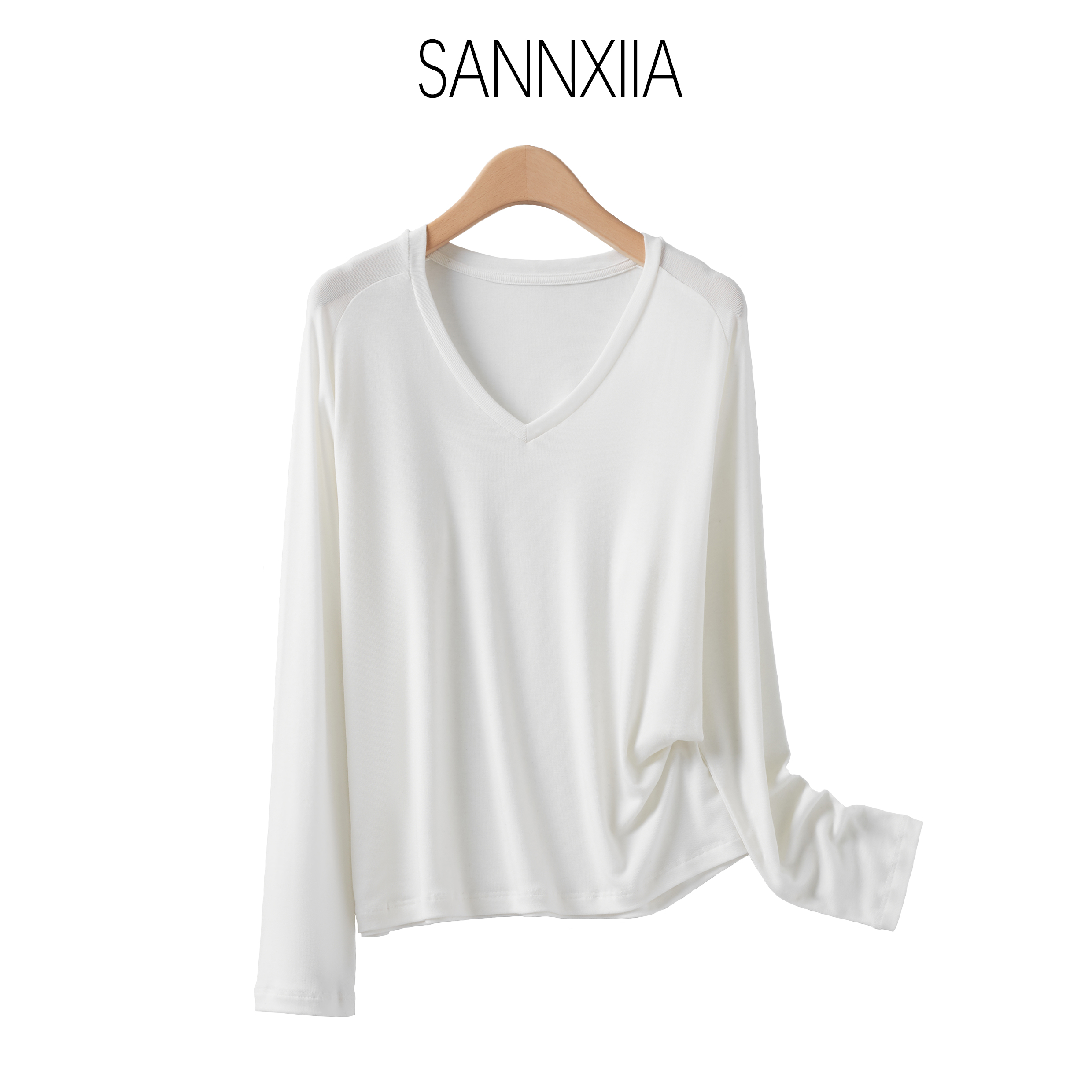 SANNXIIA百搭时尚天丝羊毛V领插肩长袖T  ZM8503