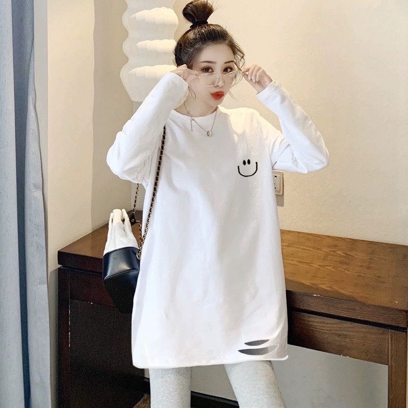 长袖t恤女2025新款韩版刺绣笑脸下摆破洞设计感大版型t恤宽松显瘦