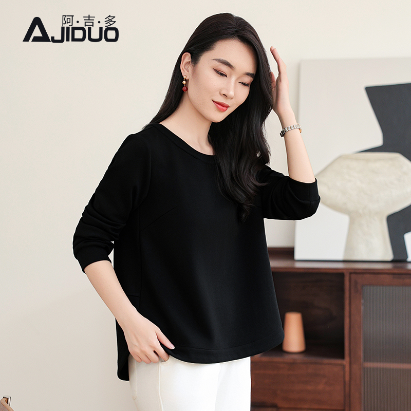 阿吉多黑色圆领卫衣女2025新款春季简约时尚百搭t恤长袖宽松上衣