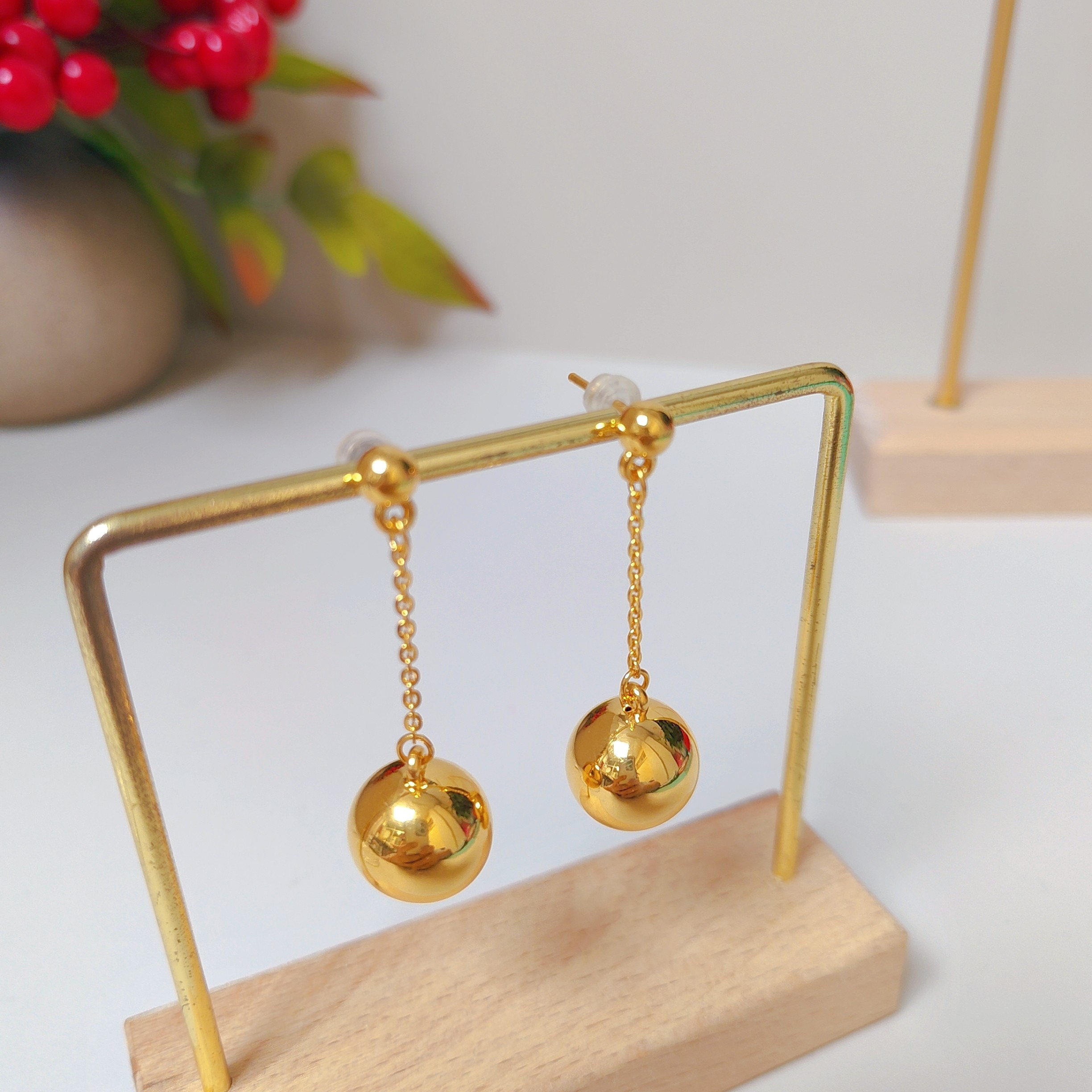 足金999光面时尚金球耳钉