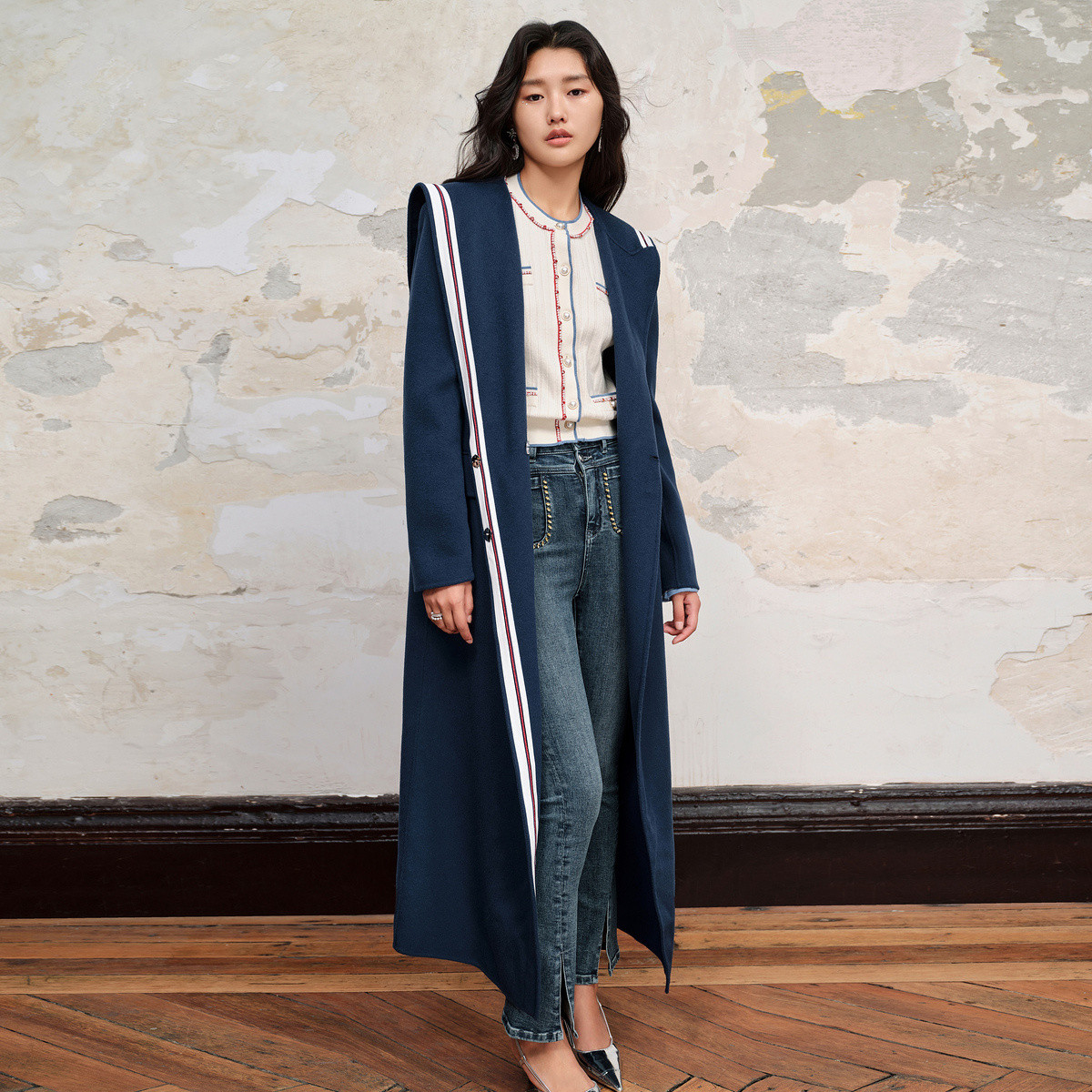 MAXRIENY精致复古海军风直身大衣毛呢外套长款