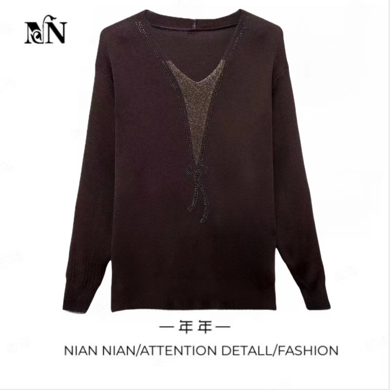 〖北欧小众〗2025春季新款洋气宽松镶钻针织衫长袖毛衣显瘦遮肉
