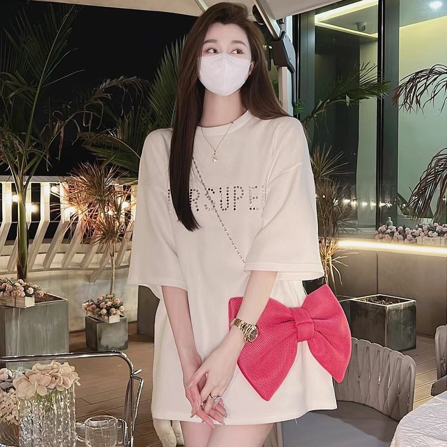 宽松型镶钻圆领中长款短袖女T恤小众不规则韩版