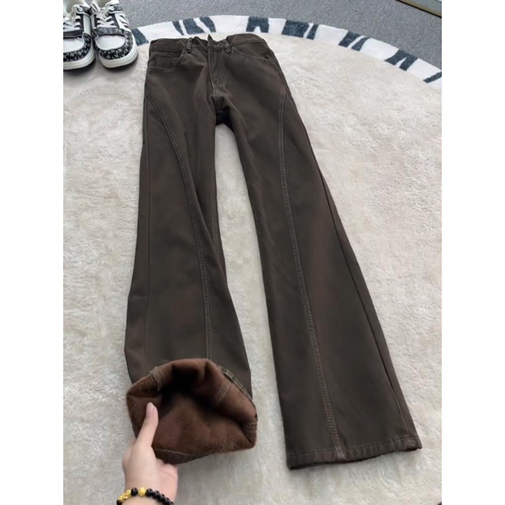 棕色美式复古加绒牛仔裤男款秋冬季高街微喇裤子显腿长斜切工装裤