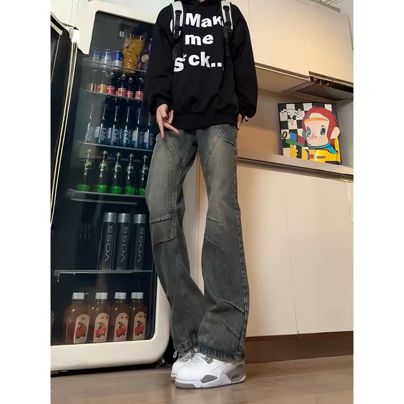 水洗蓝解构微喇牛仔裤男生小众设计感裤子美式高街vibe显瘦直筒裤