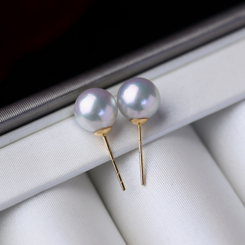 海水真多麻珍珠耳钉18k金银蓝灰色7.5-8mm极强光小灯泡珍珠耳饰女