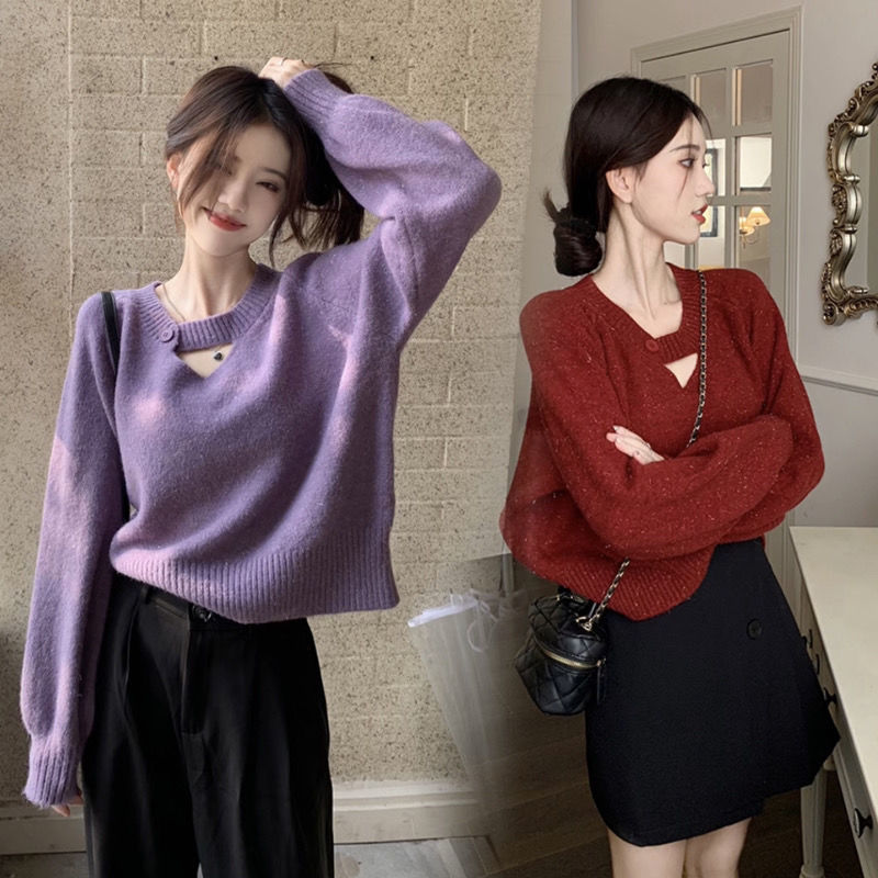 新款套头短款毛针织衫橘红慵懒风针织衫百搭外穿显瘦春秋洋气宽松