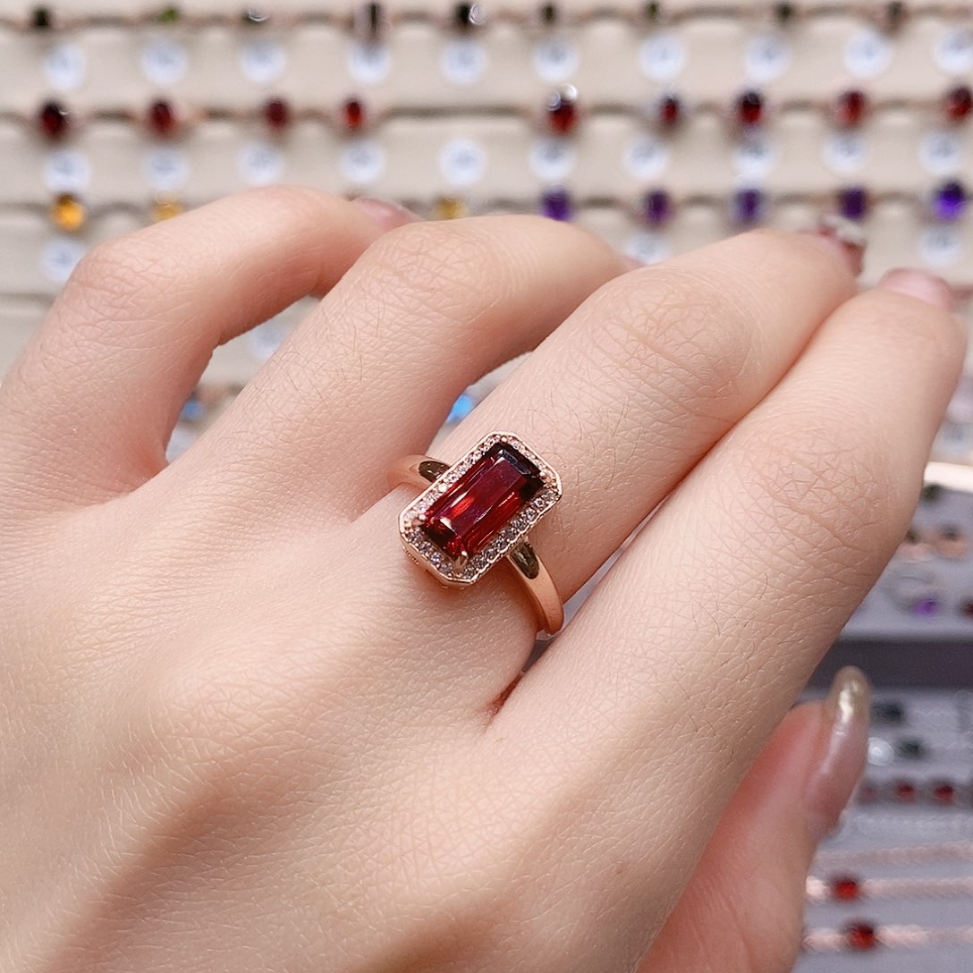 石榴石戒指银S925镶嵌戒指