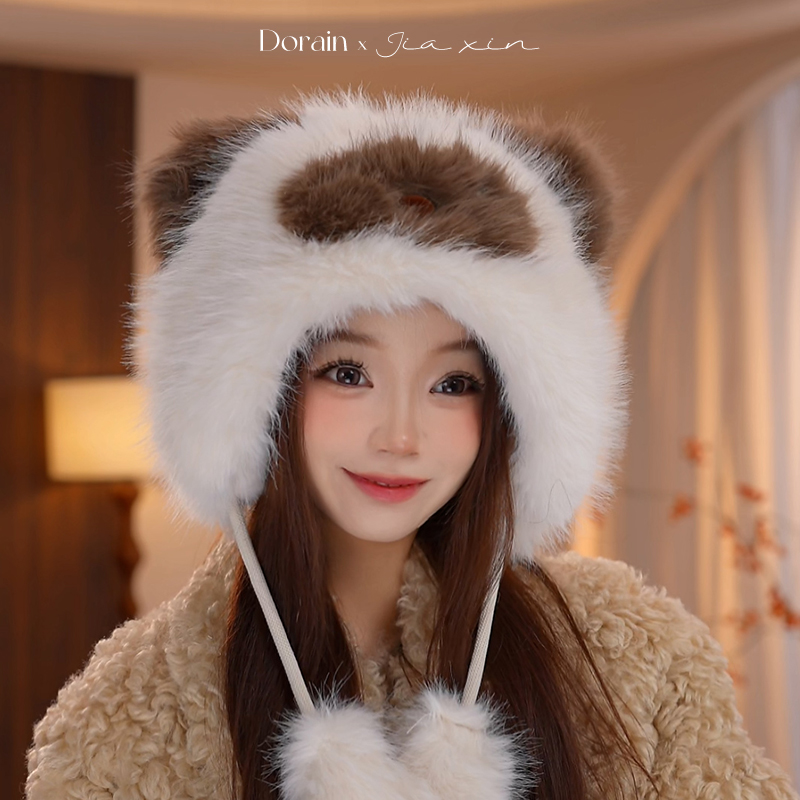 朵澜白色可爱小熊毛绒帽子女冬季户外防风寒加绒加厚保暖雷锋帽子