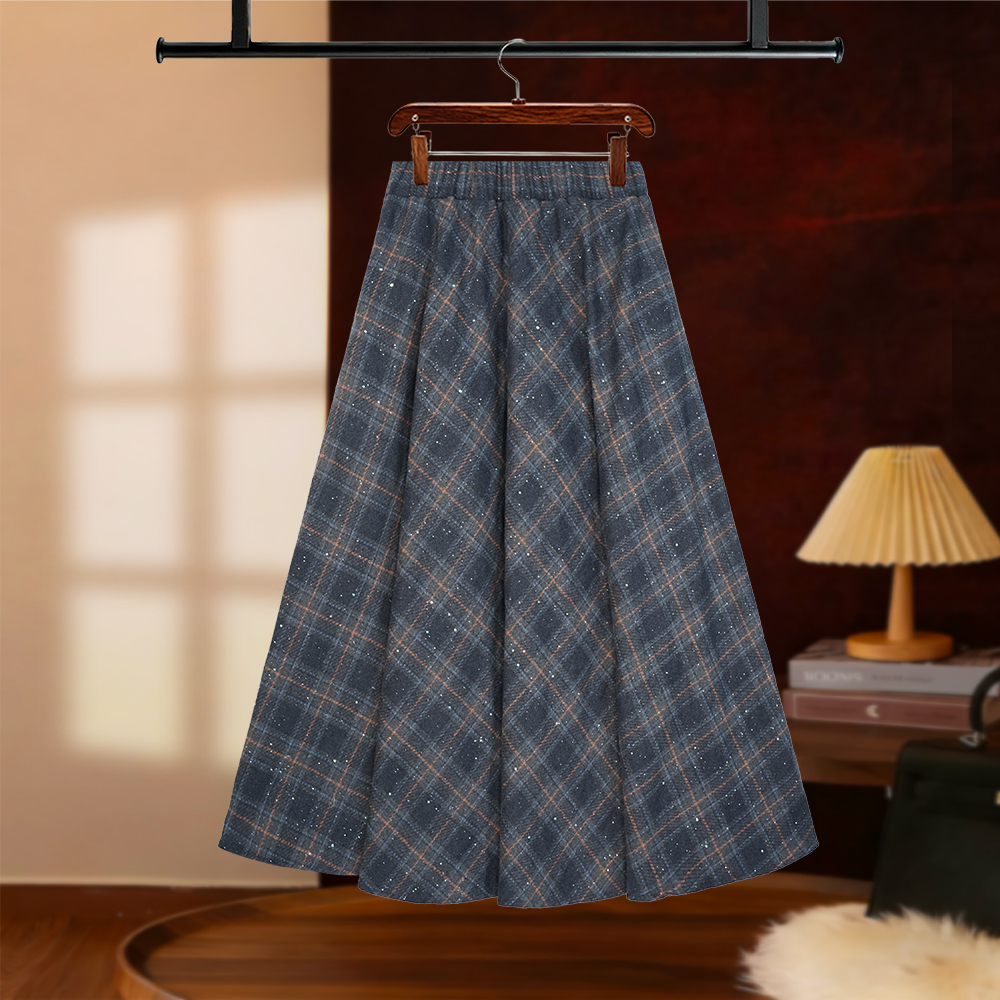 【NANA专属】2025秋冬格纹复古洒银半身裙高腰设计显瘦显优雅D8234