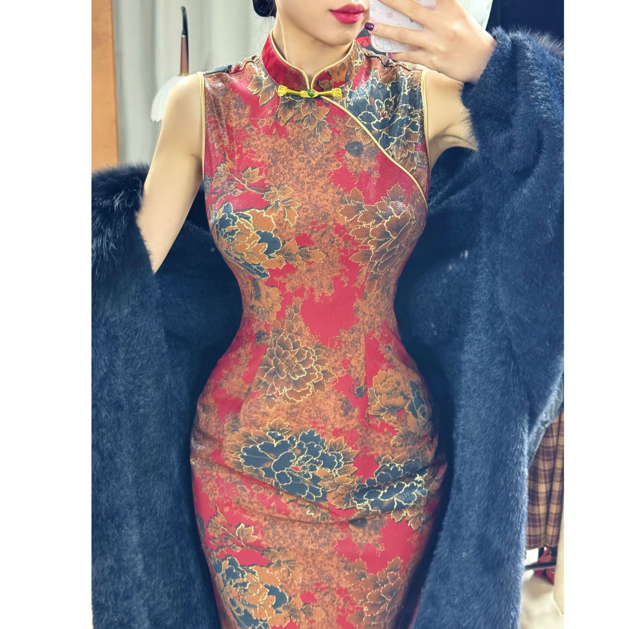 秋辞香~红樱 港工秋冬明媚复古高级修身气质烫金旗袍复古显瘦优雅