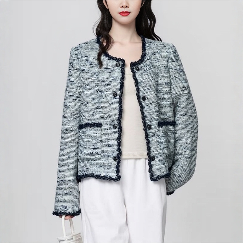 【雅Y】小香风女开襟通勤风短外套休闲圆领秋季 今 6169 白蓝