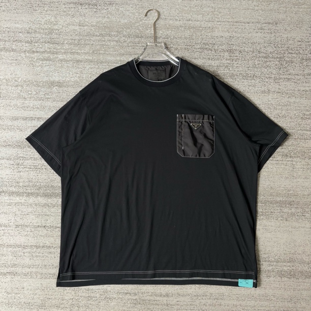99新 Prada/普拉达 经典倒三角钢标纯色短袖/XL码#8082