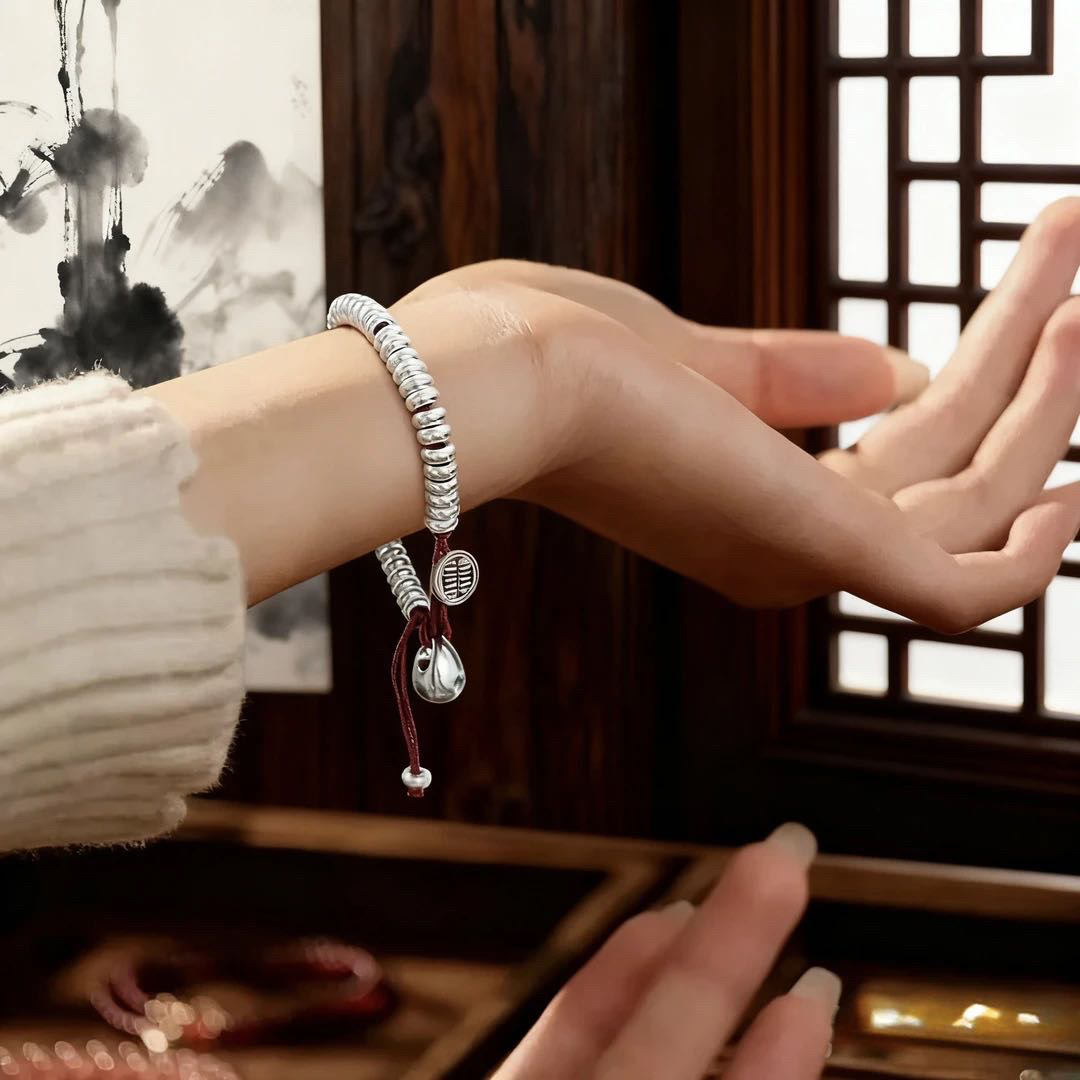 足银手链 足银999.9红绳抽拉算盘珠盘缠手链SX044