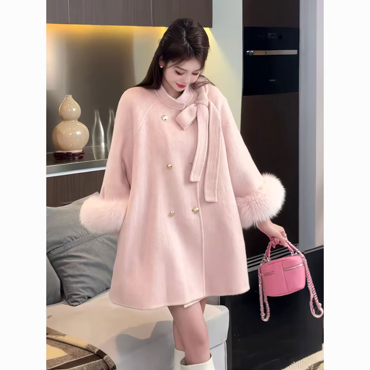 温莎千金蝴蝶结羊毛外套狐狸毛袖2025秋冬新款小个子宽松羊毛大衣