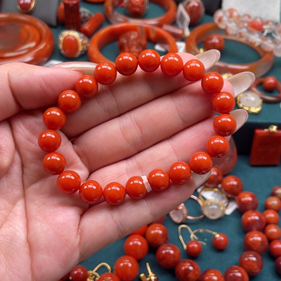 南红玛瑙未镶嵌川料南红柿子红满色满肉单圈手串9mm 