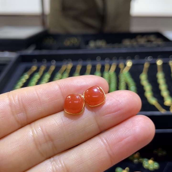 一***阳南红玛瑙银S925镶嵌耳饰