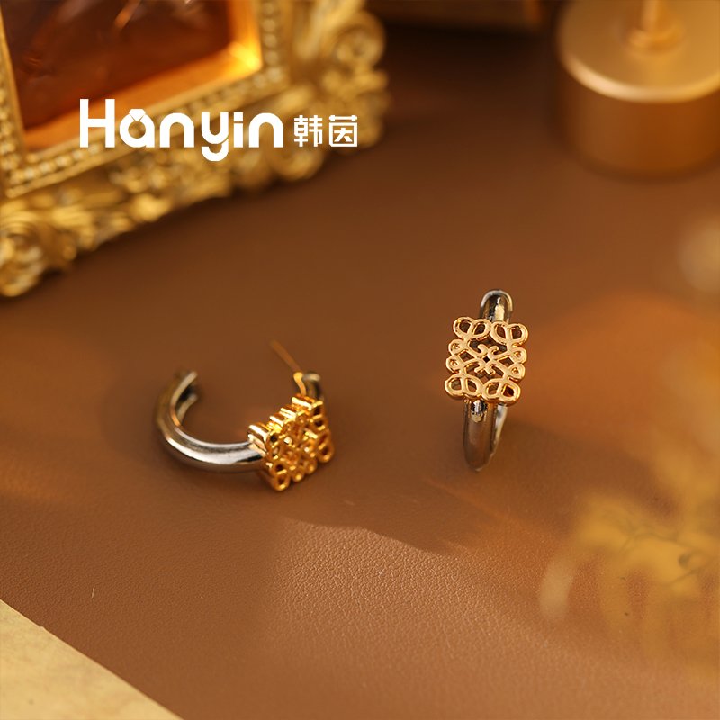 铜合金耳饰 925银针挪威繁华撞色半圈镂空轻奢个性耳钉AAA