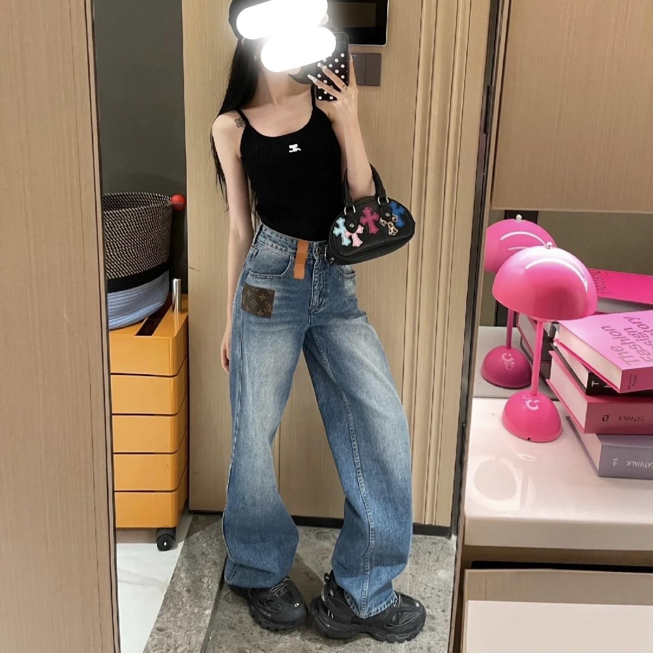 未使用 LouisVuitton/路易威登 003711 24款皮牌微喇牛仔裤 34码 