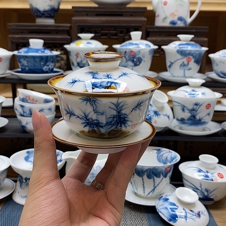手绘窑变竹子150盖碗高温瓷釉下彩微瑕福利款