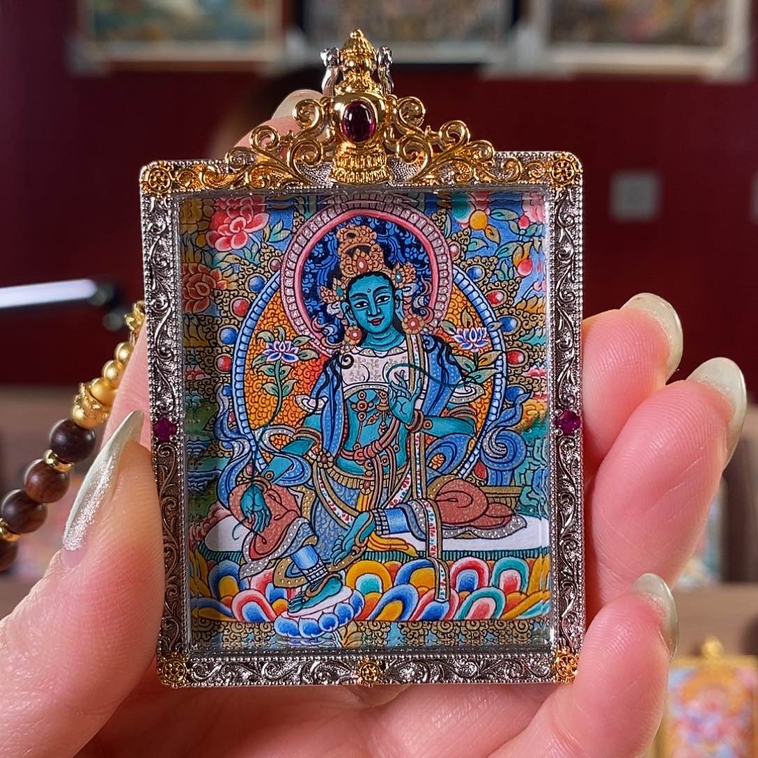 吊坠热贡纯手绘唐卡绿度母