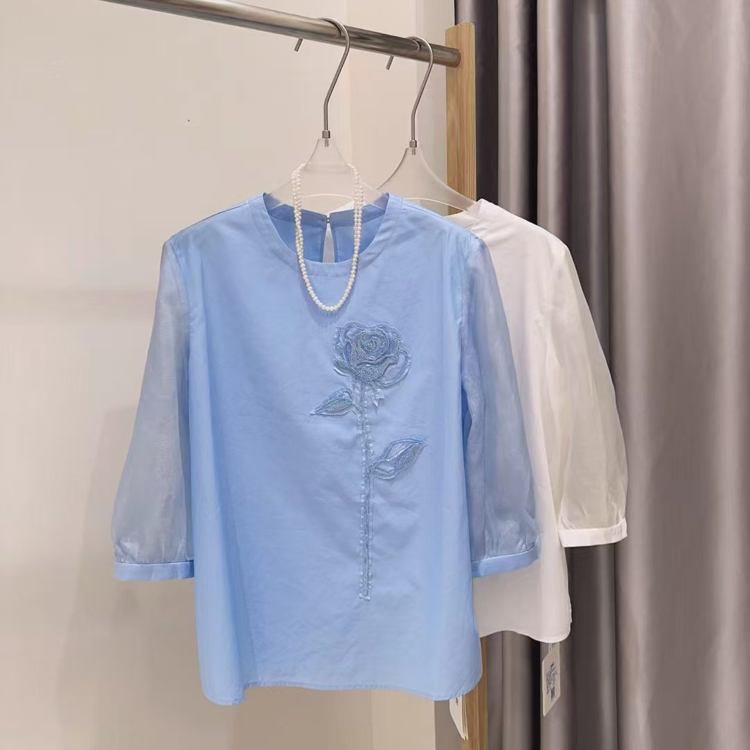 M1595气质素白玫瑰绣花钉珠短袖T恤上衣 衣长61 款号YX3225