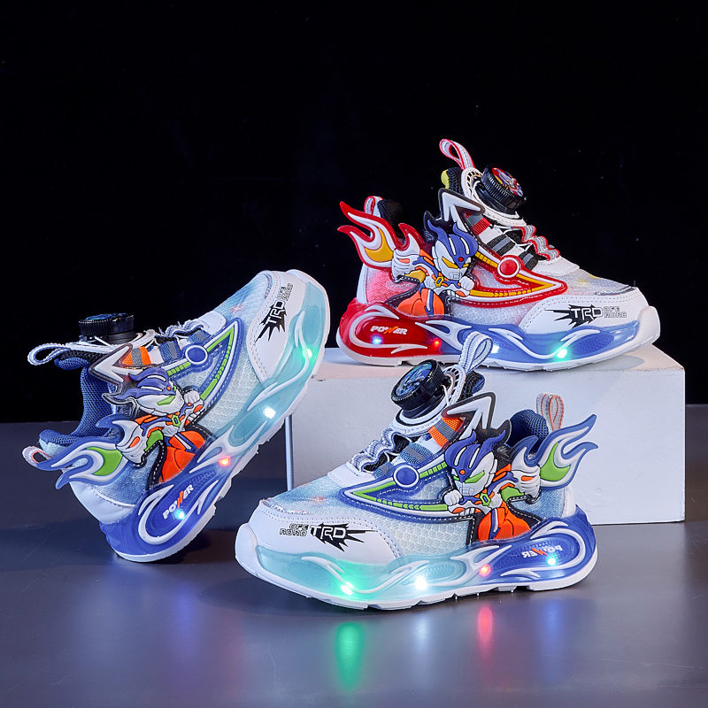 儿童运动鞋春秋新款男童透气网鞋防滑软底跑步鞋中小童带灯鞋子