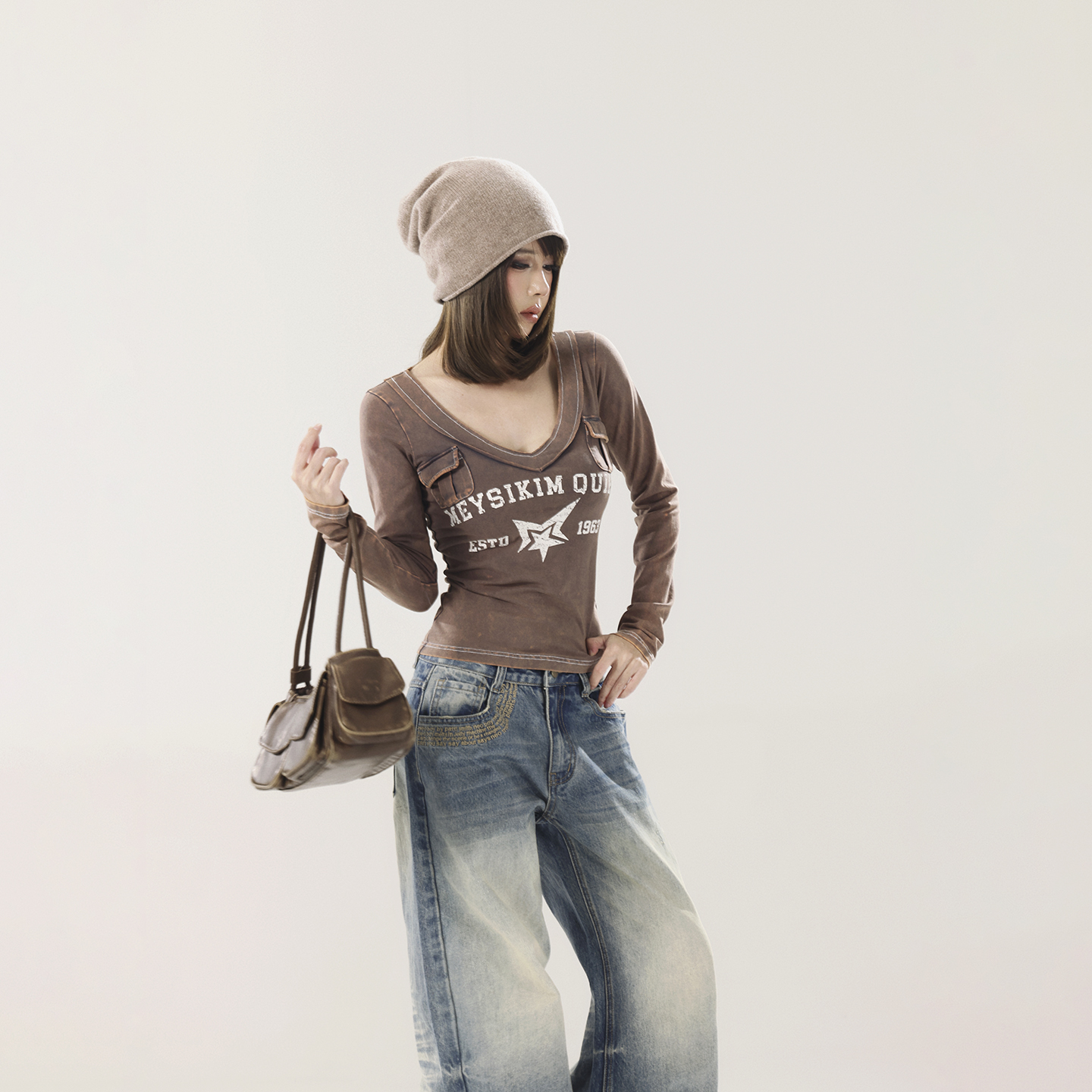 初代美希MEYSIKIM 打底衫女内搭纯棉微弹大V领上衣 ME0614