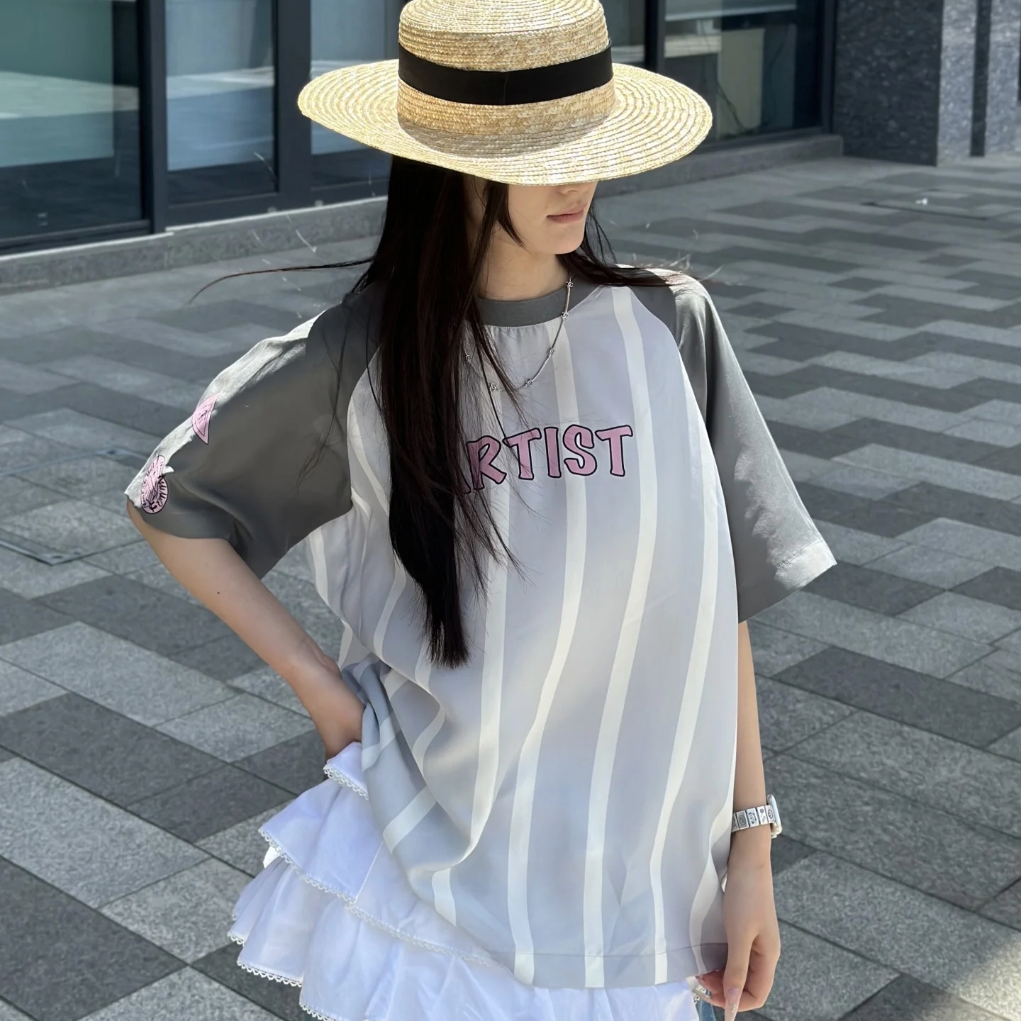 亲妈~设计师品牌2025夏季短袖T恤插肩袖竖条纹时尚休闲MMQ学院风