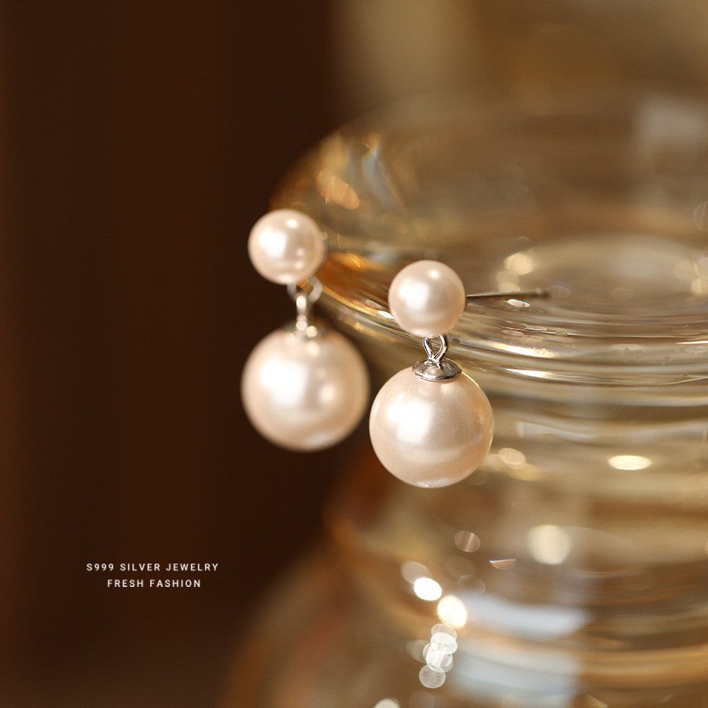 足银耳饰 999足银双珠耳钉女2025新款爆款轻奢气质经典温柔耳饰