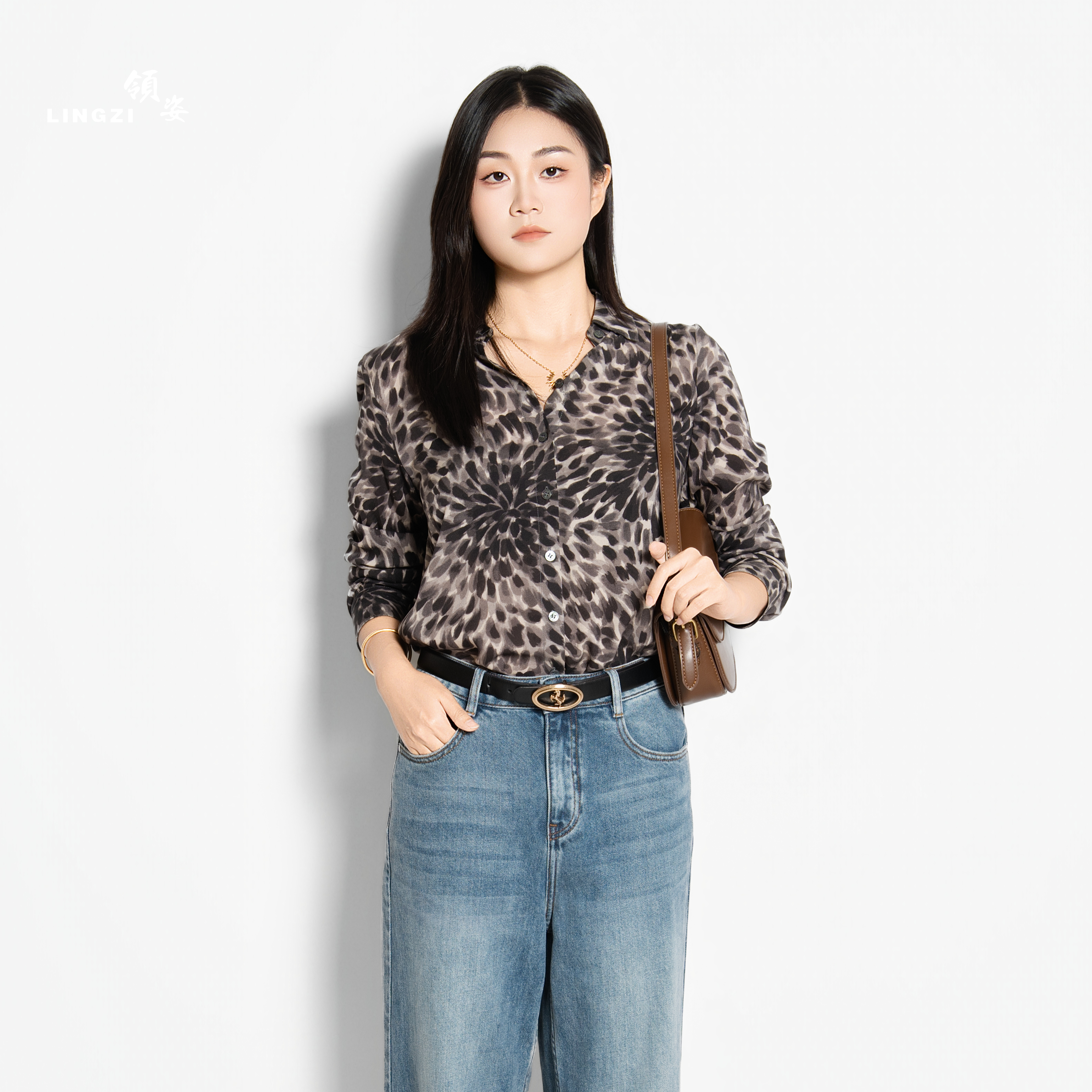 LINGZI/领姿上衣长袖印花百搭印染豹纹秋季复古衬衫3129109