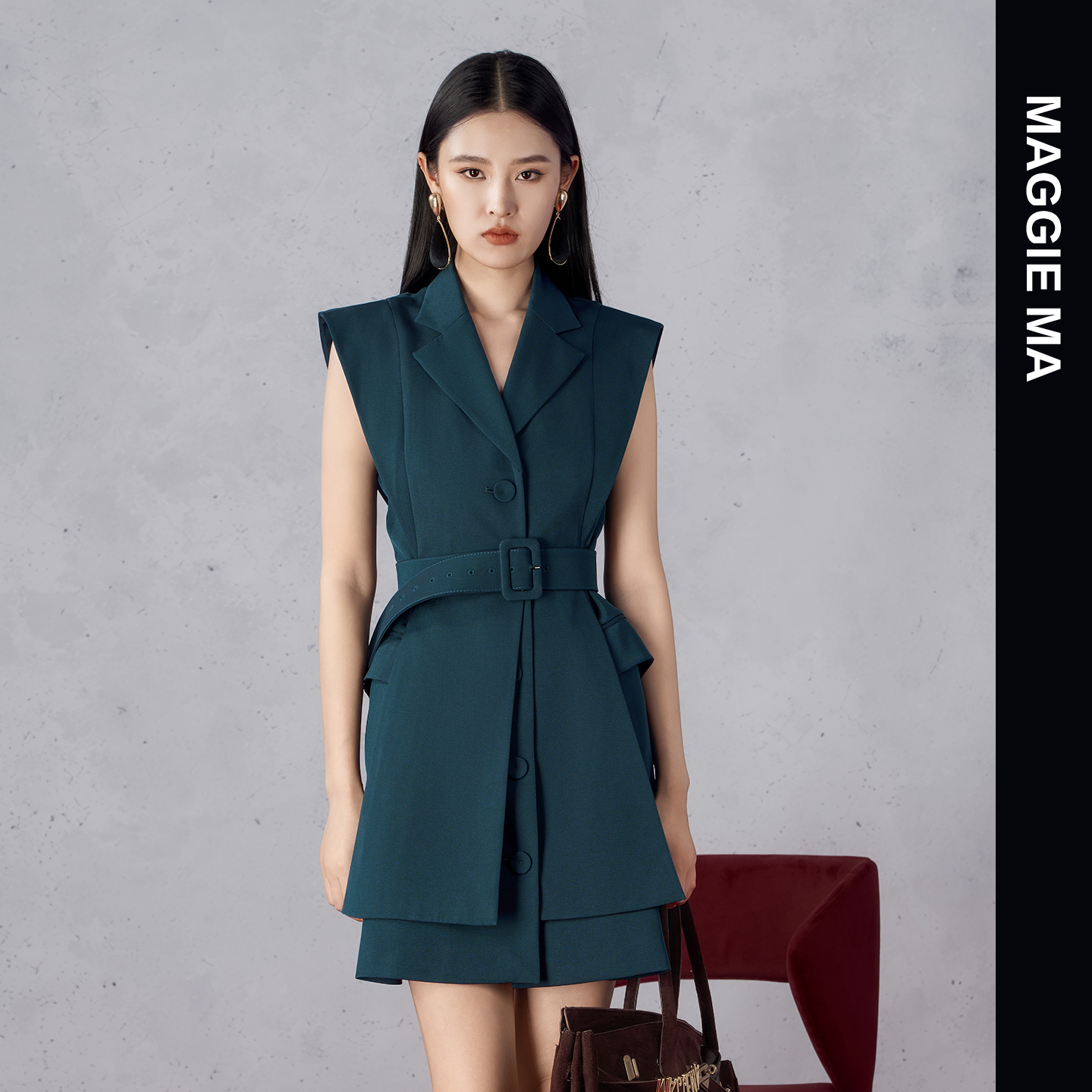 MAGGIE MA马婧设计师款松石绿色静谧优雅显瘦腰带连衣裙344D