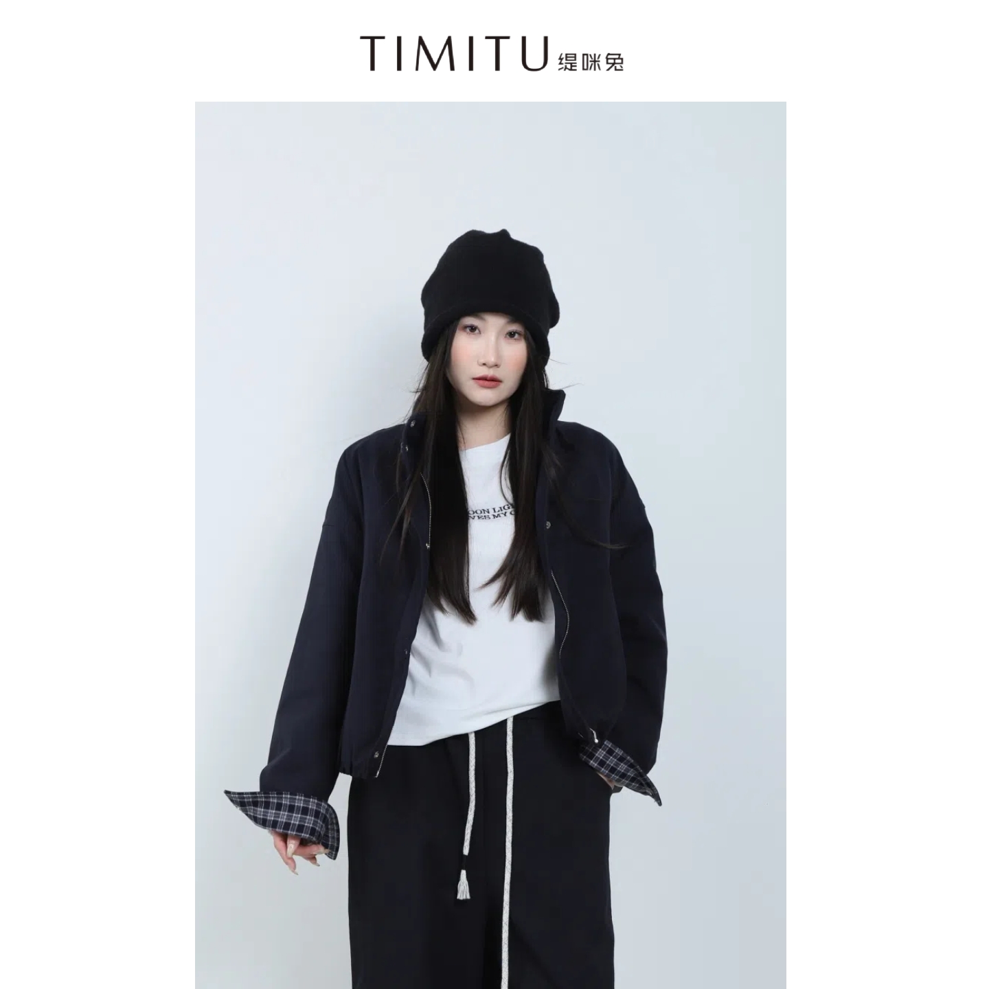 TIMITU缇咪兔设计感格子拼接简约休闲立领拉链外套34424026