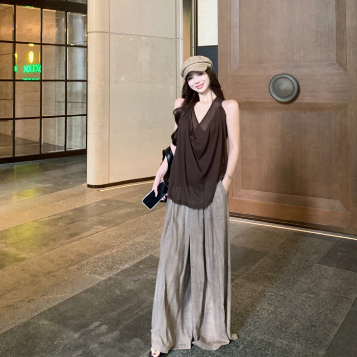设计感宽松荡领吊带背心女夏季2025新款无袖上衣休闲阔腿裤两件套