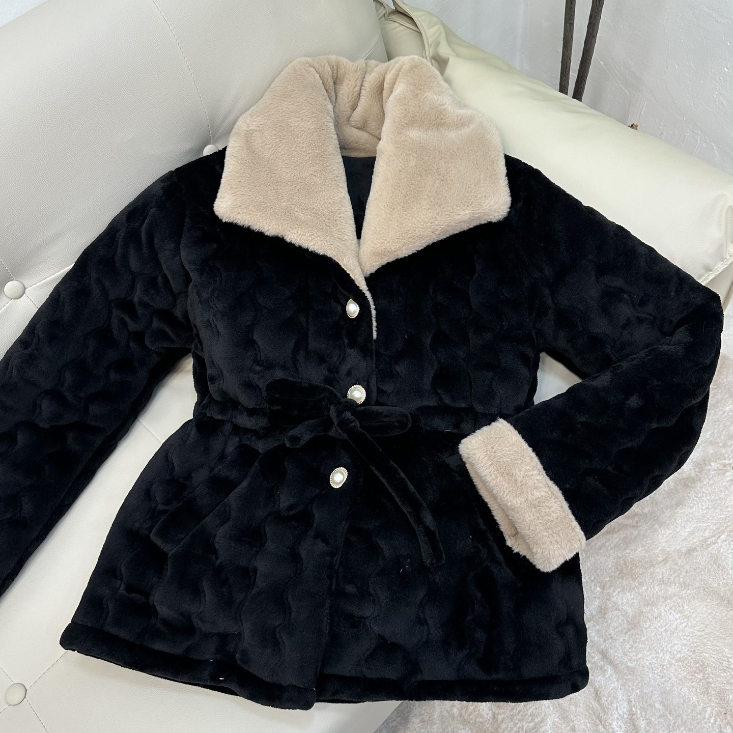 冬季加绒加厚三层夹棉睡衣女士翻领纯色束腰保暖家居服套装可外穿