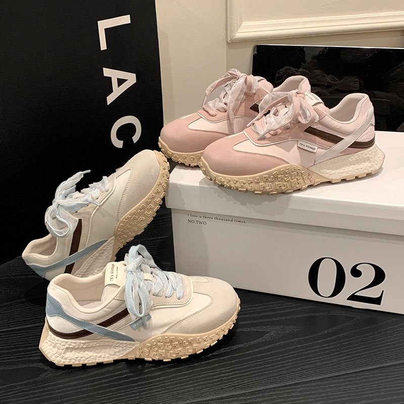 德训女2025春季新款厚底百搭拼色丝带增高老爹鞋阿甘芭蕾运动鞋女