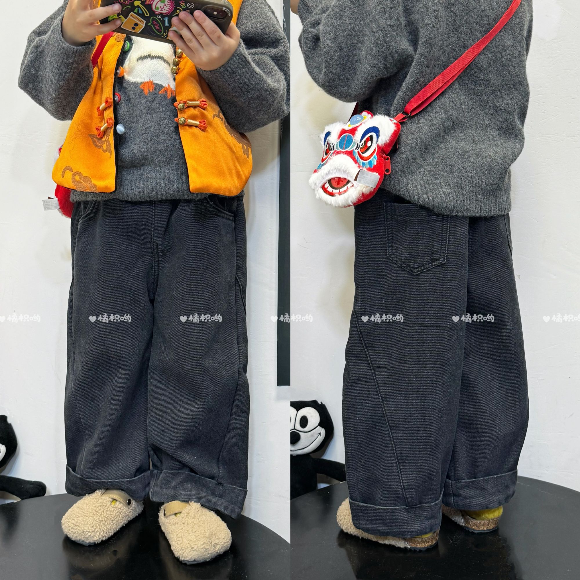 【橘枳哟】加绒经典烟灰黑直筒牛仔裤