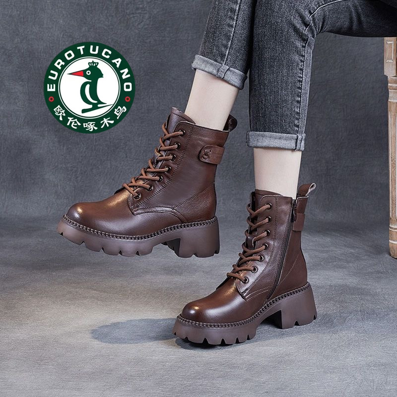 欧伦啄木鸟软皮马丁靴女冬新款百搭厚底英伦风休闲黑色韩版靴子女