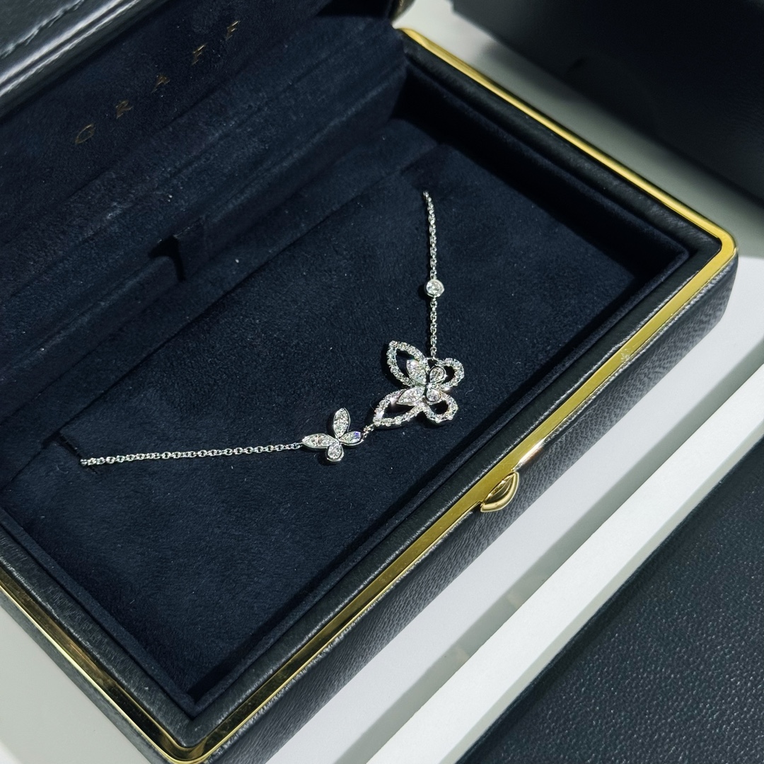 99新 Graff/格拉夫 白金满钻双蝴蝶项链