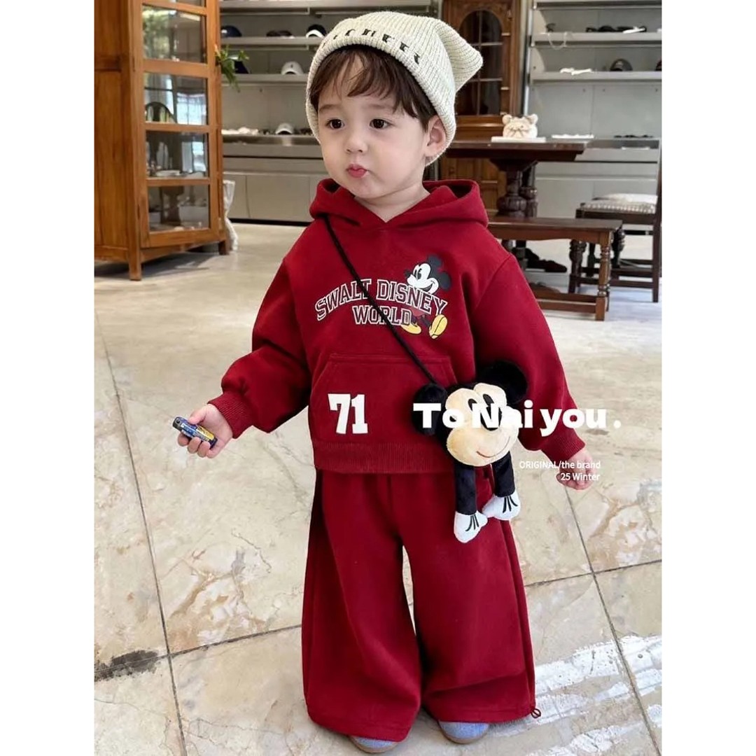 韩版儿童装加绒套装秋冬2025新款中小童男童拜年服卫衣裤子两件套