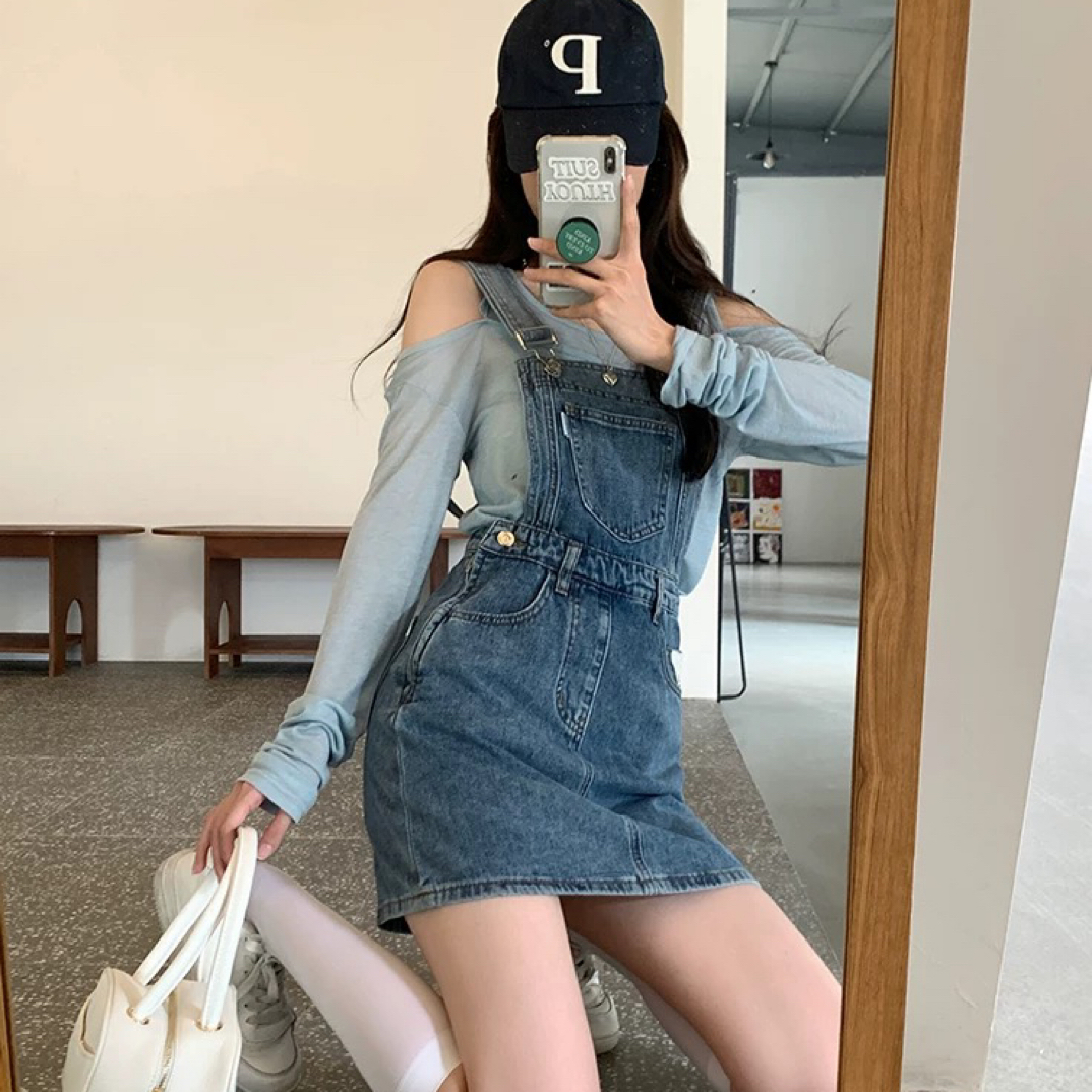 396#学院风背带牛仔短裙