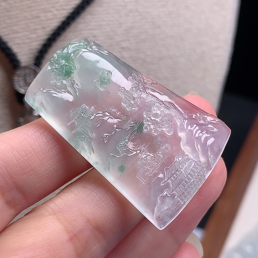 缅甸天然翡翠A货玉石高冰起光飘花山水牌吊坠饰品41.0*26.9*6.6mm