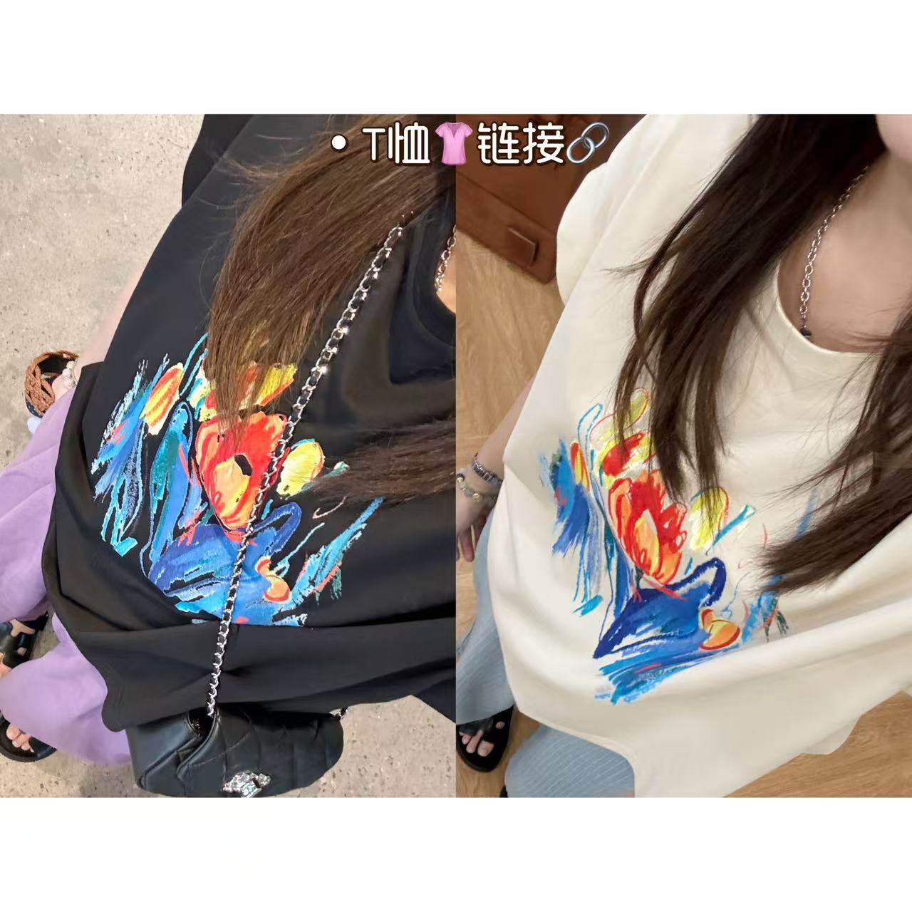 晶咕佳佳【油画创想】短款飞飞袖印花T恤时尚宽松潮流圆领休