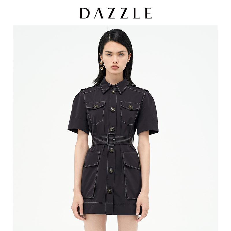 【陈大可】大地DAZZLE地素 工装风黑色系带衬衫连衣裙女2D3O421